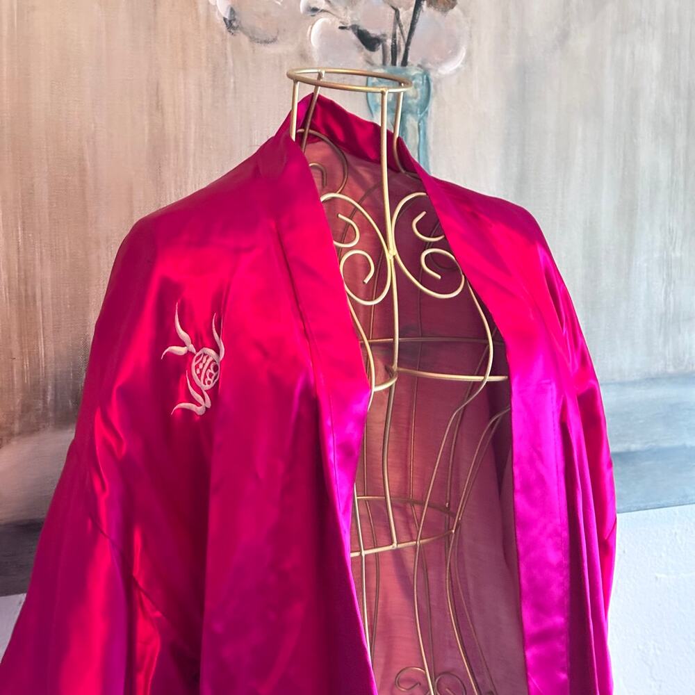 Dragon Embroidered Satin Kimono Robe Fuchsia Japanese Style Haori Unisex - Picture 5 of 8